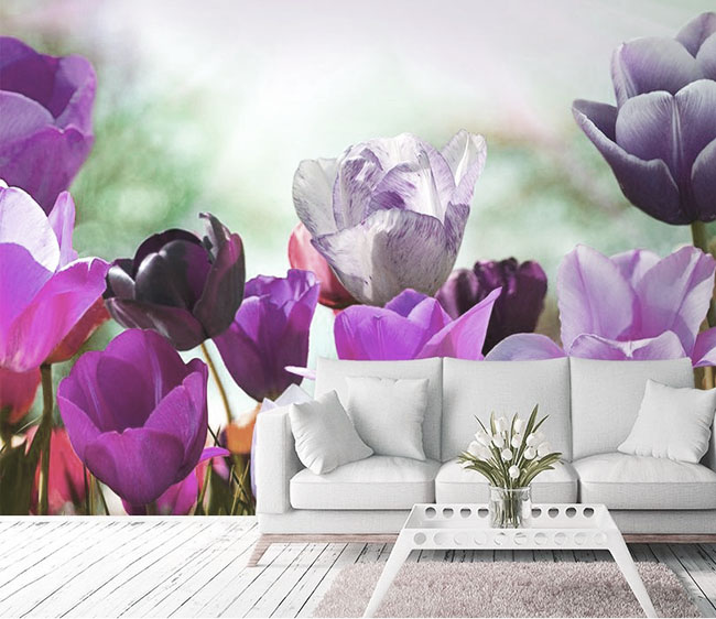 Фіолетові фотообої 3д з тюльпанами на стіні