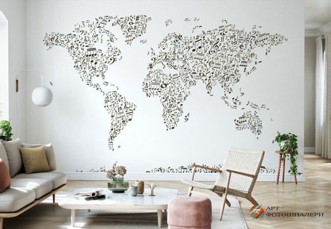 Фотошпалери з картою Світу на білому фоні в інтер'єрі